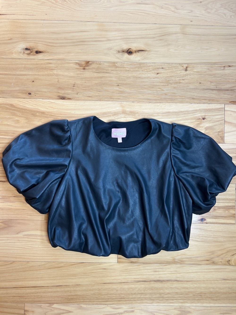 Show Me Your MuMu Black Faux Leather Puff-Sleeve Crop Top | Size Medium